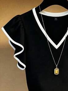 EMERY ROSE 大尺碼法式優雅 V 領黑白對比荷葉邊短袖 T-shirt，修身版型 - 彩色 - 查看 3