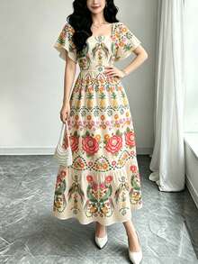 Modelyn 女款花卉印花方領荷葉邊短袖優雅中長洋裝，適合度假 - 彩色 - 查看 3