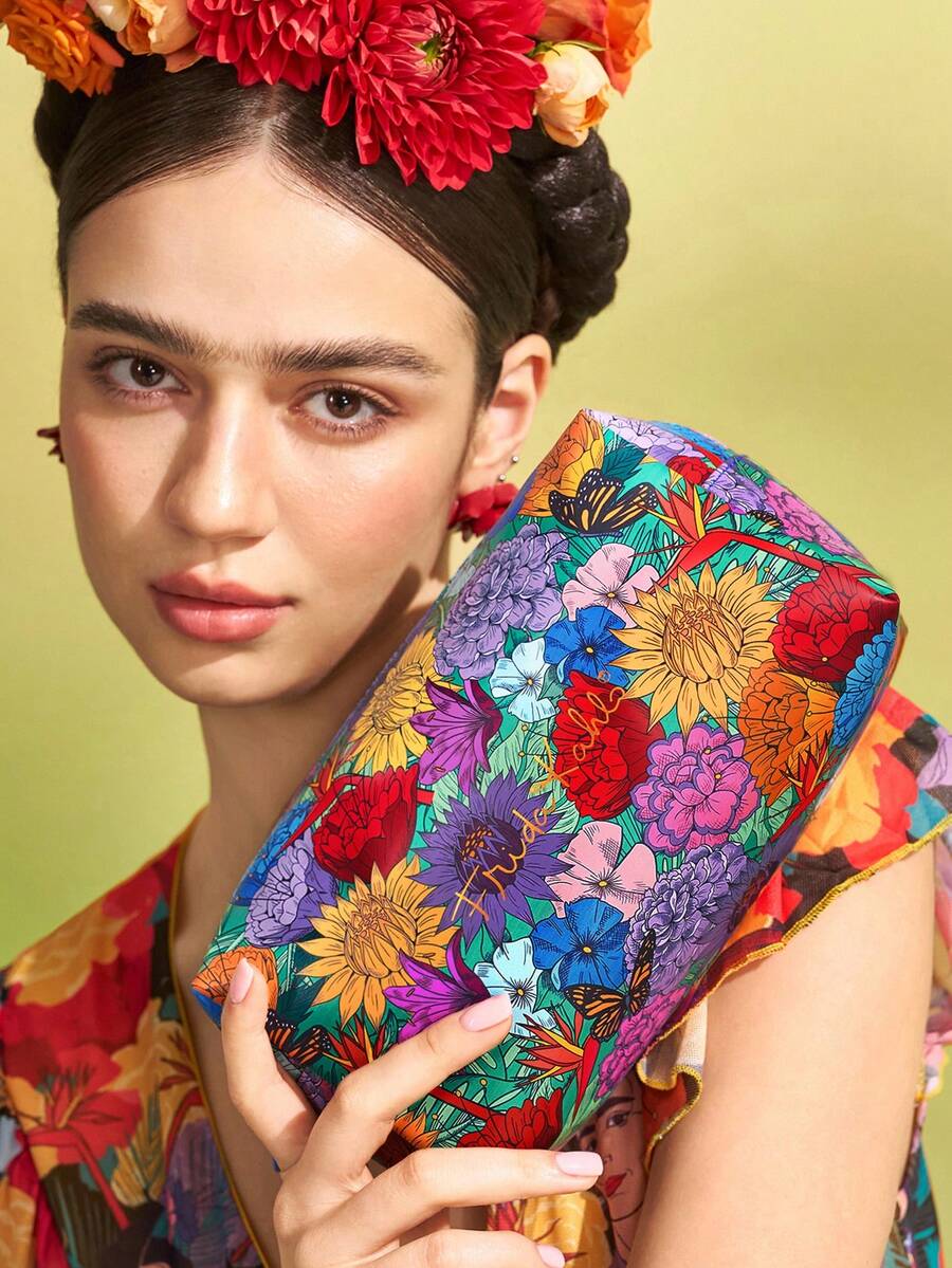 Frida Kahlo X SHEIN 1個大容量藝術花卉圖案印花PU皮革化妝包,適合存放化妝品、文具、日常用品、數位產品,非常適合通勤、上學、旅行,適合所有年齡層、學生、Frida藝術家、墨西哥風格、花卉、藝術、優雅 - 藍色 - 查看 1