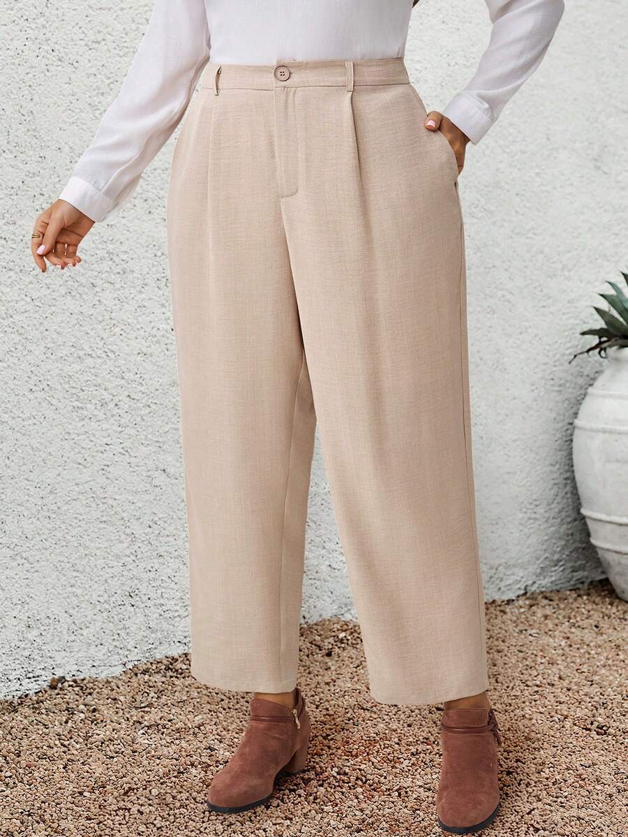 EMERY ROSE Plus Size Casual Elegant Traditional Versatile Solid Color Dress Pants Teachers' Day Formal Office Beige Summer - Apricot - View 1