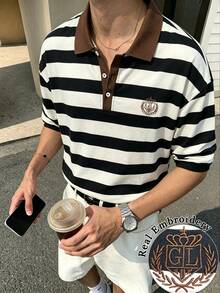 Manfinity Dauomo 休閒時尚男士刺繡鈕扣半開襟條紋T恤 - 黑與白 - 查看 6