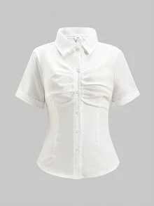 SHEIN All-Season Teen Girls Elegant Design Pleated Waist Solid Color Versatile All-Match Style Cuffed Collar Shirt Suitable For Daily Commute Casual Vacation... - White - View 7