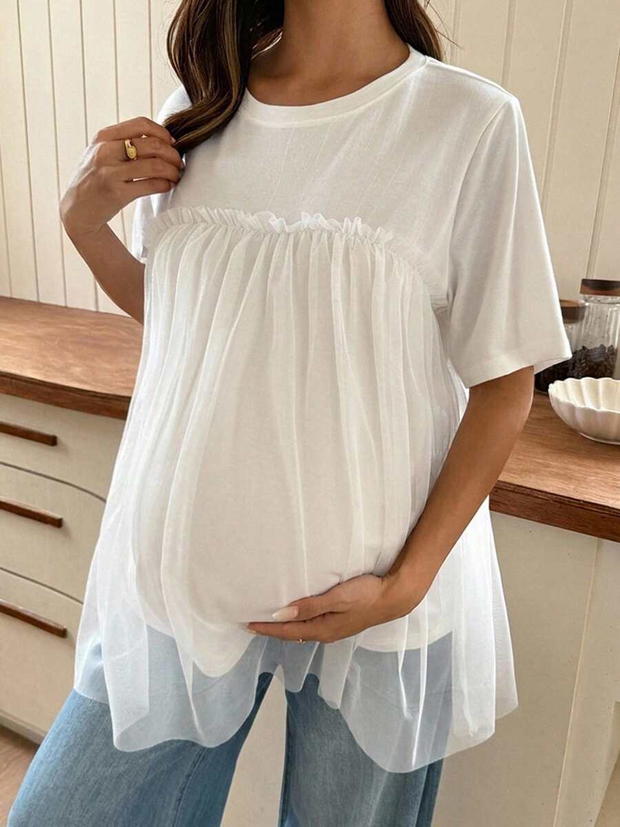 Dazy Maternity 圓領對比網格設計 2 合 1 短袖寬鬆版型白色孕婦 T 恤 春夏秋季適用 嬰兒洗禮會 正式休閒優雅 - 白色 - 查看 1