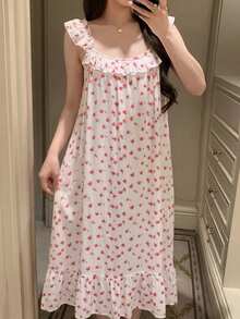 DAZY 碎花寬鬆短袖洋裝 夏季女款睡裙睡衣 - 白色 - 查看 4