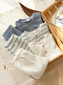 SHEIN Vintaside Kids 6件/3套男嬰簡約休閒田園風華夫格針織條紋圓領長袖上衣與配套長褲套裝，適合日常穿著 - 淺藍色 - 查看 4