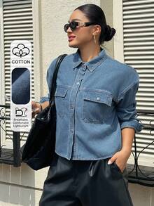 Dazy Plus Women's Short Denim Jacket New Design Versatile Shirt Long Sleeve Spring Summer Autumn Plus Size Denim Top School - Medium Wash - View 2