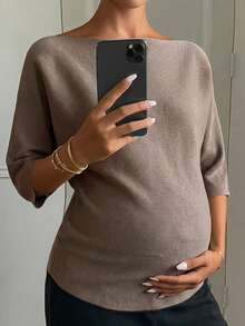 Dazy Maternity Sweater Hamil Lengan Pendek Kasual Warna Polos Longgar untuk Pemakaian Sehari-hari di Awal Musim Gugur - Khaki - View 1