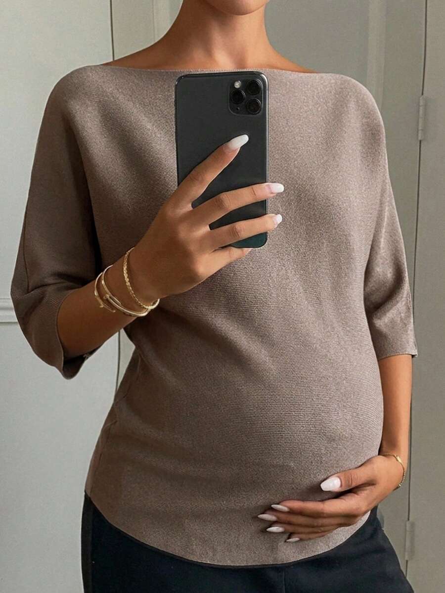 Dazy Maternity Sweater Hamil Lengan Pendek Kasual Warna Polos Longgar untuk Pemakaian Sehari-hari di Awal Musim Gugur - Khaki - View 1