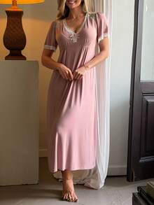 Livesso Camisón de mujer con bloques de color y patchwork de encaje, manga corta, pijama de verano - Café integral - Ver 6