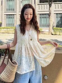FRIFUL 女款蕾絲休閒百搭日常穿著夏季可愛上衣 - 米色 - 查看 7
