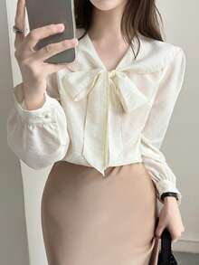 DAZY Solid Color Loose Long Sleeve Elegant Romantic French Teachers' Day Autumn Women's Blouse School Office Tea Party Off-White Vacation - Apricot - View 1