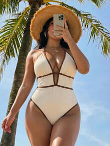 Swim SXY Plus Size Women's Colorblock Halter Tie One-Piece Swimsuit, Suitable For Beach Vacation, Pool Party, Beach Party - Multicolor - View 5