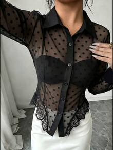 Selianne 女款性感波點蕾絲拼接單排扣透視上衣 - 黑色 - 查看 3