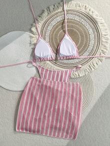 Swim SXY 女款夏季海灘條紋拼色掛脖綁帶性感比基尼三角褲兩件式泳衣套裝附迷你裙 - 彩色 - 查看 5