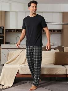 SHEIN Provexi Men's Solid Color Crew Neck Short Sleeve Top And Plaid Long Pants Casual Daily Home Wear Set - Black - View 4