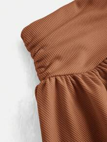 SHEIN Tween女孩夏季可愛休閒灰色裙裝套裝：短袖短版上衣與百褶迷你裙，夏季 - 咖啡棕 - 查看 3
