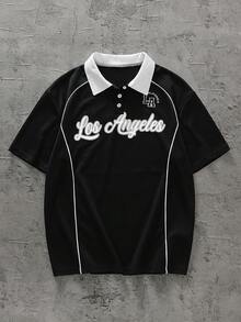 青少年男童 Polo 衫，字母印花短袖休闲通勤 Polo 衫，翻领设计，“洛杉矶”印花，适合休闲穿着、返校季和学院风。 - 黑色 - 查看 1