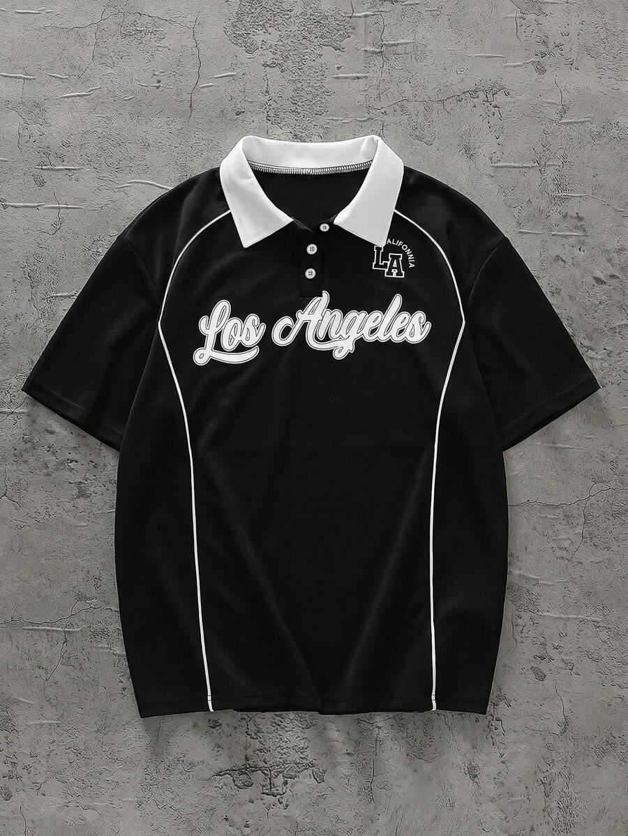 青少年男童 Polo 衫，字母印花短袖休闲通勤 Polo 衫，翻领设计，“洛杉矶”印花，适合休闲穿着、返校季和学院风。 - 黑色 - 查看 1