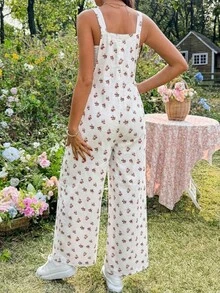 SHEIN 孕婦小碎花牛仔吊帶褲 - 白色 - 查看 2