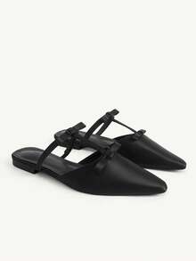 CUCCOO CHICEST Versatile Black Flat Bottom Pointed Toe Double Bow Design Commuter Wear Strap Shoes Fall Shoes - Black - View 2