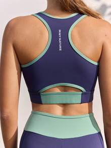 In My Nature Women's Color Block 2-Piece Outdoor Workout Set, Cropped Sleeveless Tank Top & High Waist Sports Shorts - Navy Blue - View 4