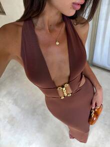 Aloruh 女款優雅性感前開衩綴珠裝飾斑馬紋修身長洋裝，適合海灘度假 - 棕色 - 查看 4