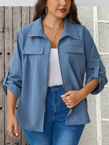 EMERY ROSE Plus Size Women's Solid Color Rolled Cuff Zipper Front Casual Jacket Fall - Blue - View 9