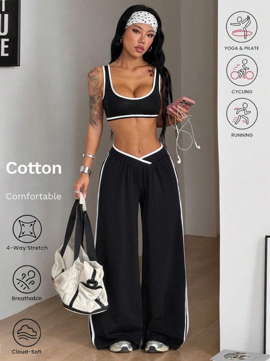 Coolane Black High Stretch Sports Set For Women, Breathable Athleisure Crop Top And Wide Leg Pants Two Piece Outfit - Black and White - View 1