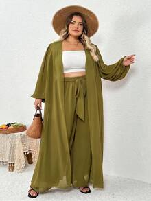 SHEIN CURVE+ 大尺碼女款純色抹胸背心、純色晨袍與鬆緊腰寬腿褲休閒日常套裝，適合秋季 - 綠色 - 查看 6