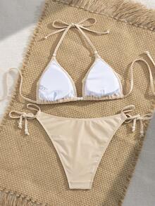 SHEIN Swim 女款夏季度假休閒沙灘裝 素色杏色兩件式比基尼套裝 掛脖繫帶設計 珍珠鈴鐺形大花飾 優雅泳裝套裝 - 杏色 - 查看 2
