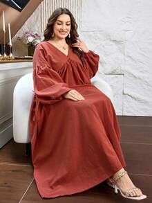 Al Najma Robe arabe décontractée minimaliste de couleur unie à col en V, épaules tombantes, manches longues, coupe ample et régulière, grande taille pour femmes, pour le printemps et l'été - Rose cuivré - Voir 6