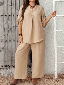 EMERY ROSE Plus Size Women Solid Color Rolled Sleeve Shirt And Pants Casual 2 Pieces Set - Khaki - View 1