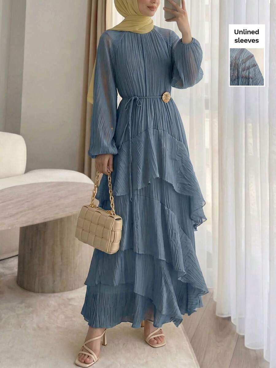 Solavon New Ruched Multi-Layer Flounce Cinched Waist Flowy Beach Dress, Flattering And Suitable For Vacation And Beach Unlined Sleeves