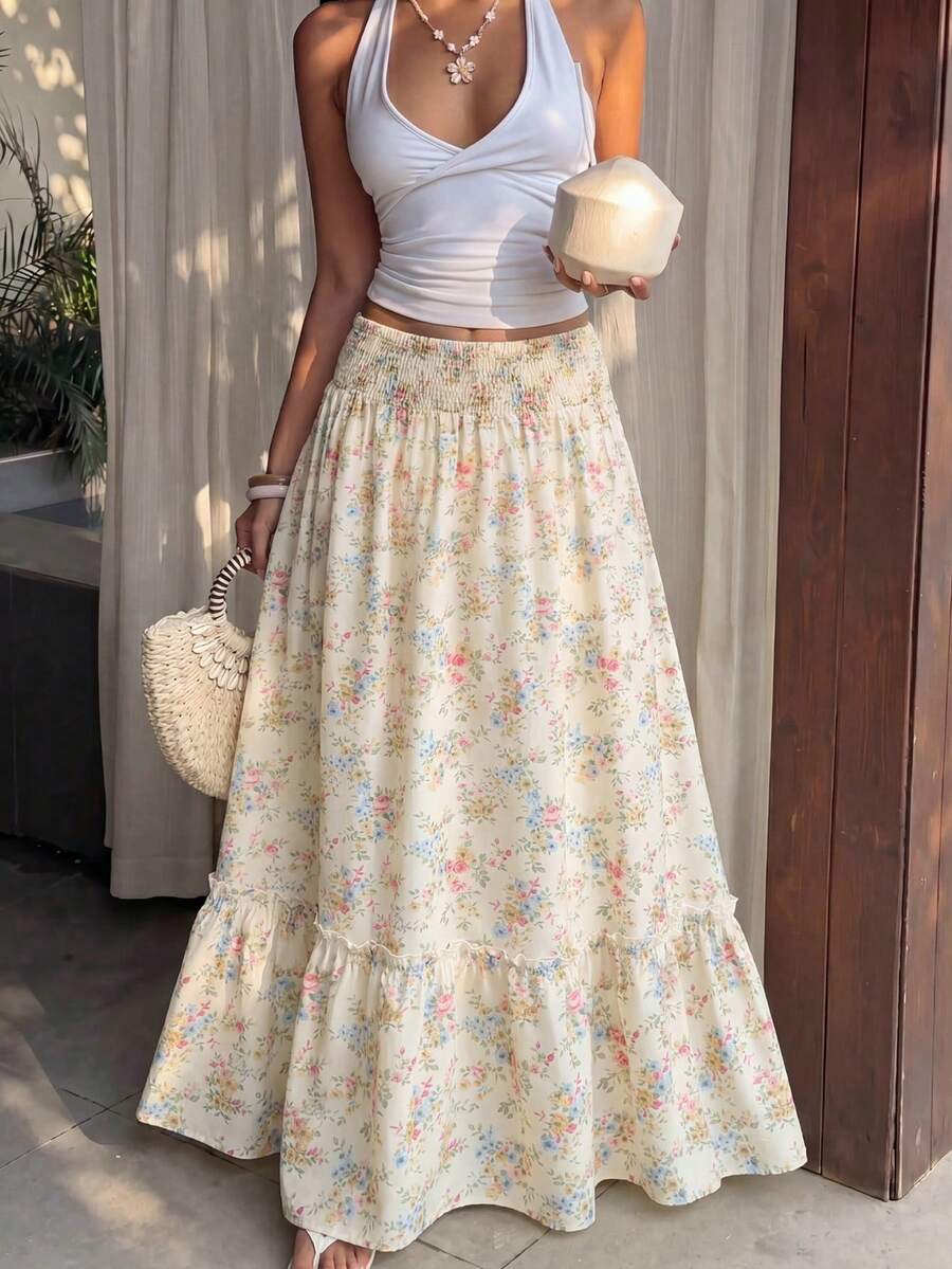 Sunnyshic Women's Spring/Summer Sweet Pastoral Vacation Casual Daily Street Party Versatile Ditsy Floral Print Waist Knot Gathered Ruffle Patchwork Low Waist Long Skirt - Multicolor - View 1