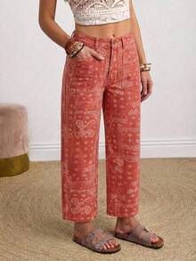 EMERY ROSE Plus Size Women's Pocket Button All-Over Print Casual Versatile Daily Travel Denim Jeans - Red - View 4