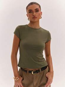 SHEIN BAE 女款純色極簡修身圓領上衣街頭時尚 - 軍綠色 - 查看 5