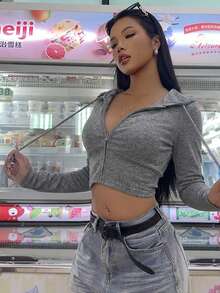 SHEIN EZwear 休閒簡約花卉灰色女款修身拉鍊連帽衛衣，秋冬款 - 淺灰色 - 查看 7