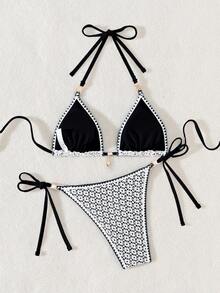 Swim Mod Bolso triangular de estilo sexy para mujer con tela calada, unicolor, adorno de flor de concha y perlas - Negro - Ver 2