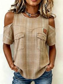 EMERY ROSE Women's Regular Off-Shoulder Plaid Short Sleeve Casual Top - Multicolor - View 4