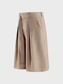 AXEPEAK Pantalones cortos holgados con diseño de hebilla en la cintura y pliegues de unicolor para hombres - Caqui - Ver 4