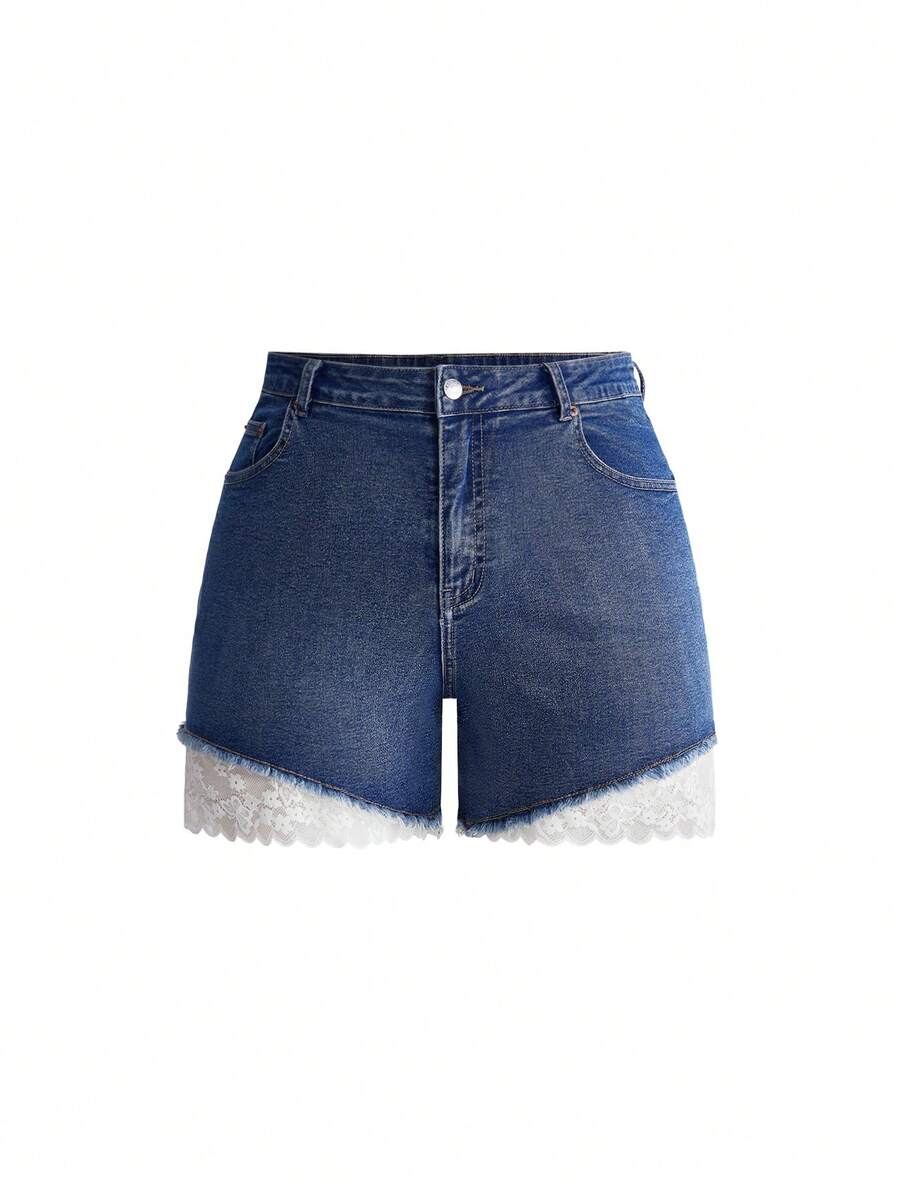 ROMWE Grunge Punk Plus Size Lace Patchwork Slimming Sexy Casual Elegant Denim Shorts, Tight Elastic Mid-Length Pants Vacation Blue Summer - Blue - View 1