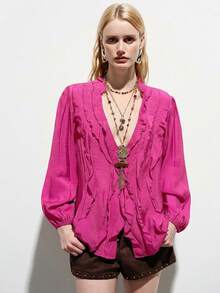 Aveloria Modichic Olive Green Pleated Women's Blouse, Lightweight Linen-Like Fabric, Layered Ruffle Design, Puff Sleeve, Vintage French Style, Loose Fit, Romantic Vacation, Ruffle Blouse, Statement Sleeve, Quiet Luxury, Romantic Core, Vintage Revival, Suitable For Commuting, Casual, Dating, Urban Street Style, Versatile For Multiple Occasions - Hot Pink - View 3