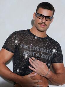 FeverCity Men's Sexy Shiny Sheer Rhinestone Decor T-Shirt - Black - View 3