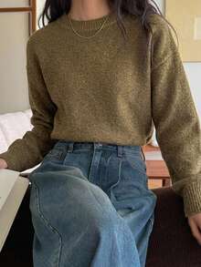 DAZY 女款純色圓領休閒百搭日常穿著長袖針織衫 - 棕色 - 查看 6