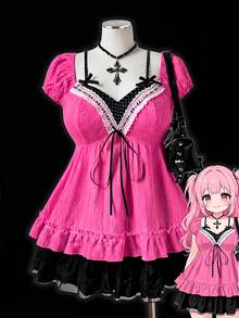 Sunspun Blusa elegante de talla grande con patchwork de gasa, estampado de lunares y decoración de lazo - Rosa Fucsia - Ver 1