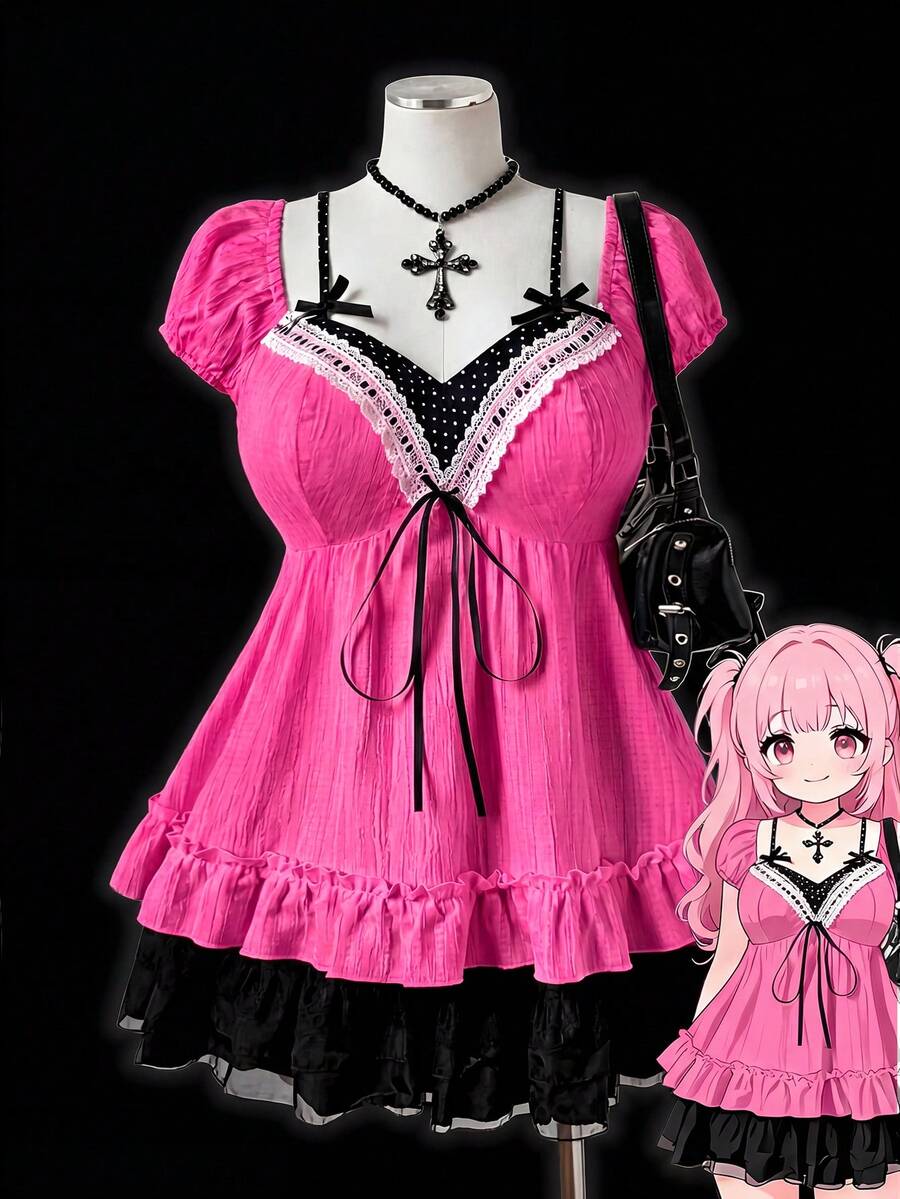 Sunspun Blusa elegante de talla grande con patchwork de gasa, estampado de lunares y decoración de lazo - Rosa Fucsia - Ver 1