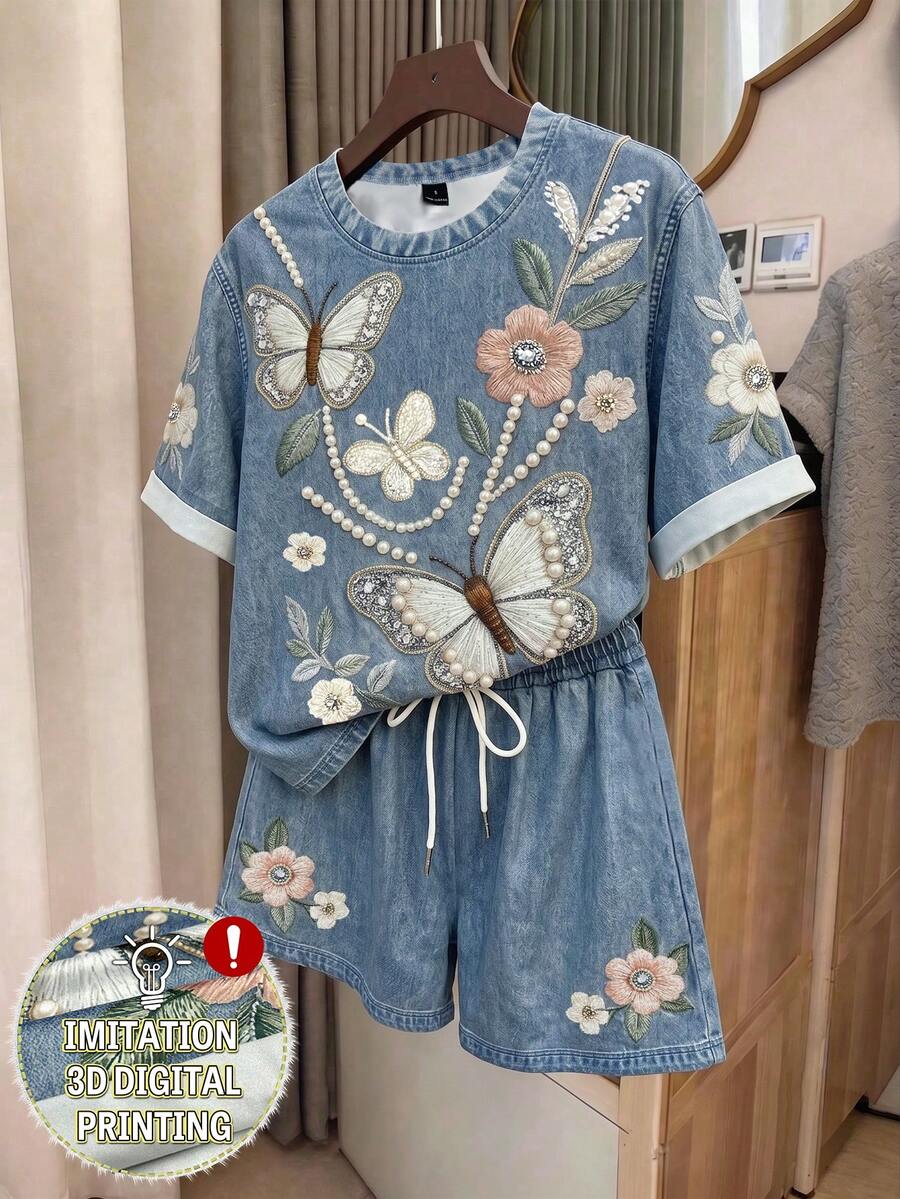 GlowEve 女款優雅白色蝴蝶花卉仿刺繡珠飾印花兩件套,圓領短袖T恤+鬆緊腰抽繩短褲,耐穿設計,百搭基本款,輕奢休閒穿搭,適合日常穿著、休閒造型、度假旅行 - 藍色 - 查看 1