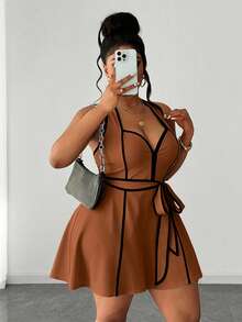 Maweii Plus Size Women's Piped Waist Tie Casual Sleeveless Romper - Brown - View 1