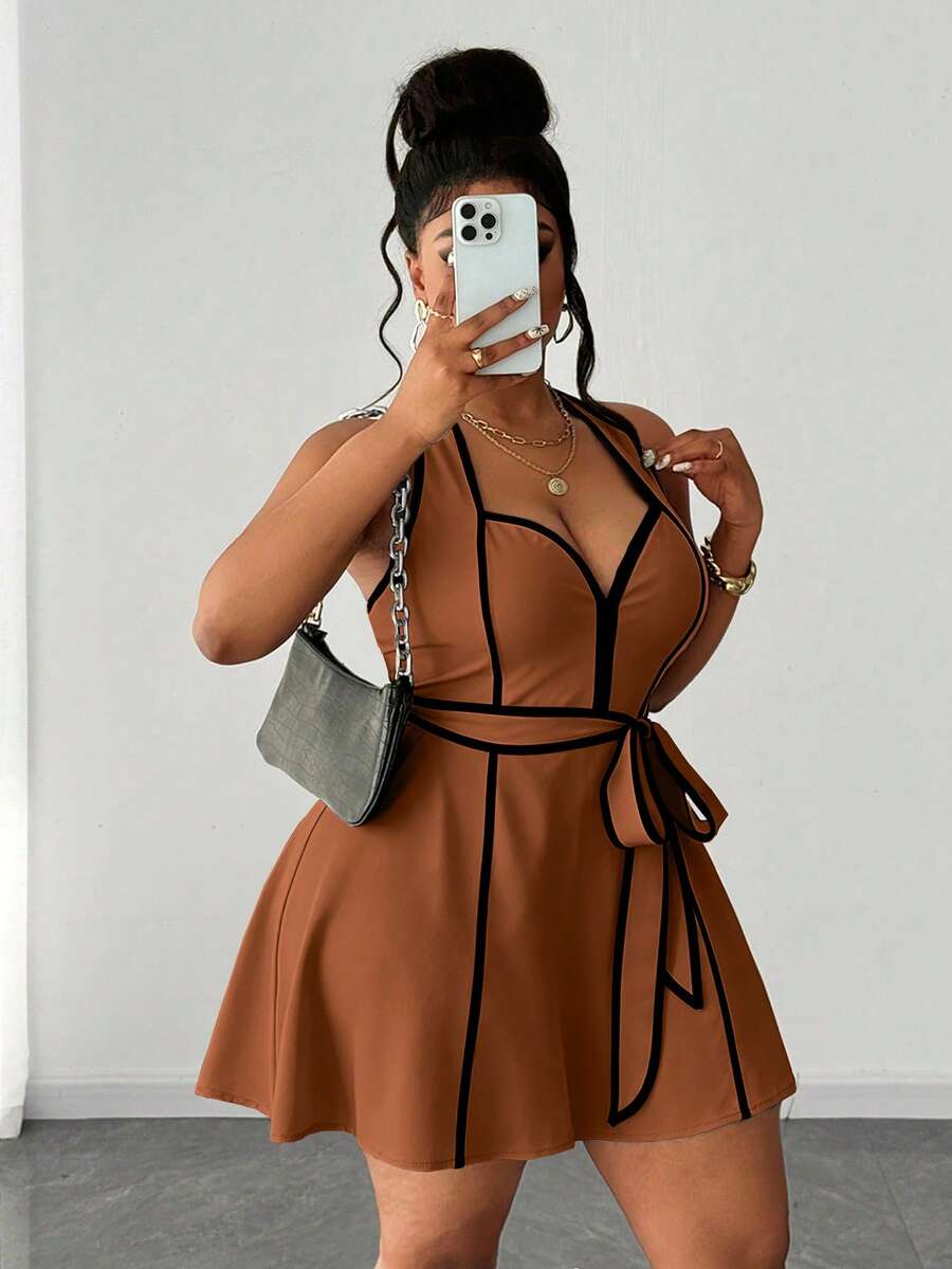 Maweii Plus Size Women's Piped Waist Tie Casual Sleeveless Romper - Brown - View 1