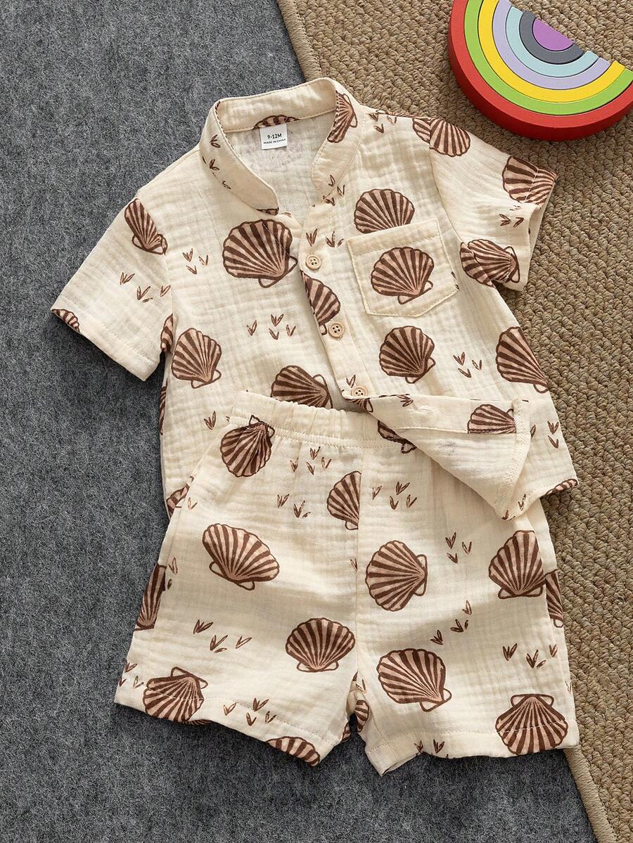 SHEIN Playful Pals 2件組 幼兒男嬰米色夏季度假短袖植物圖案上衣套裝 - 黃色 - 查看 1